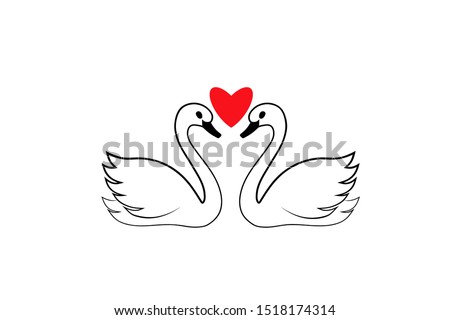 Two swans with heart outline icon. Clipart image isolated on white background