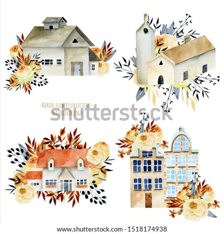 Collection of watercolor european ancient architecture, nordic house with floral elements, hand painted isolated on a white background, to create a logo, symbol, home decor etc