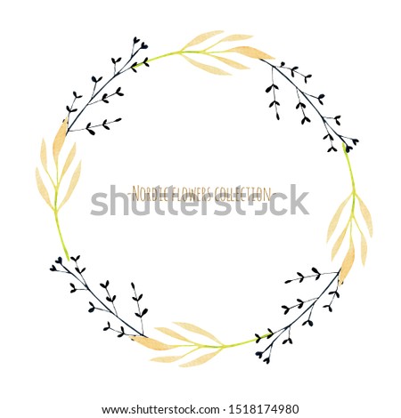 Wreath with watercolor autumn tree branches, hand painted on a white background