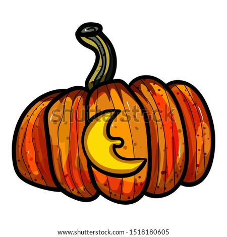 Pumpkin with a carved moon. Doodle illustration. Symbol of celebration and comfort. Halloween or Thanksgiving. Cozy Home. Vector. Vector illustration