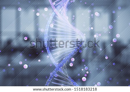 DNA drawing with office interior on background. Double exposure. Concept of education