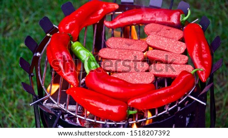 Grassy garden, charcoal barbecue, cooked veal, sausage with green and red peppers