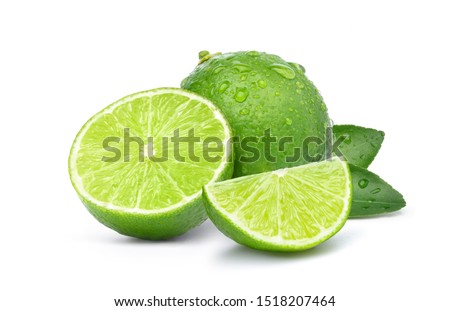 Natural  fresh lime with water drops and sliced, green leaf isolated on white background  Royalty-Free Stock Photo #1518207464