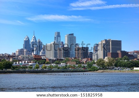 Downtown Philadelphia Center City scenic cityscape with apartment and office buildings skyline in front of skyscraper towers on the Delaware River in Pennsylvania