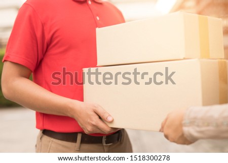 The parcel staff deliver the goods to the customer. Online product concept, business, transport, service
