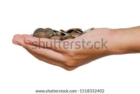Man hand holding coins on white background and isolated photo.Growth saving and investment concept.