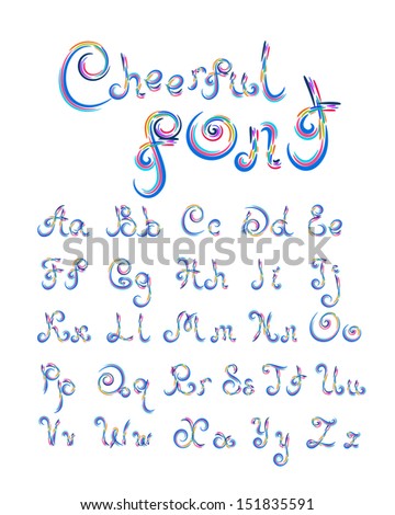 Cheerful font of colored curls. Raster copy of vector illustration