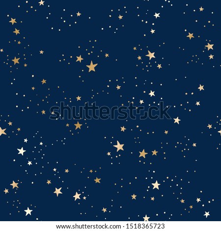 Vector seamless galaxy blue pattern with gold constellations and stars. Golden space background