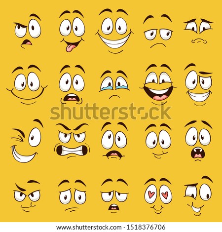 Cartoon faces. Funny face expressions, caricature emotions. Cute character with different expressive eyes and mouth, vector happy tongue emoticon collection Royalty-Free Stock Photo #1518376706