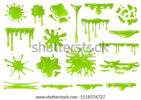 Green cartoon slime. Goo blob splashes, sticky dripping mucus. Slimy drops, messy borders for halloween banners isolated vector spooky toxic drip texture set Royalty-Free Stock Photo #1518376727