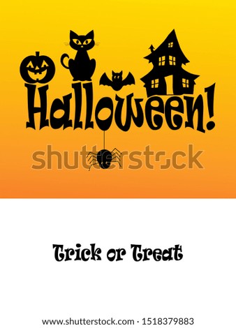 Halloween Text with Jack o lantern, Black Cat, Bat, Haunted House, and Spider