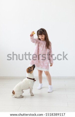 Cheerful little girl in a blue dress playing with her beloved dog Jack Russell Terrier. Friendship concept of children and dogs. Advertising space
