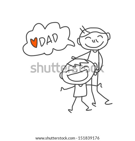 hand drawing cartoon happy kids playing with dad