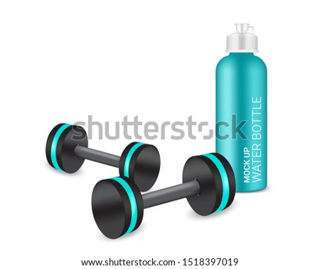 Bottle 3D Mock up Realistic Plastic Shaker and Dumbbell in Vector with Water and Drink. Healthy and Sport Concept illustration Design. 