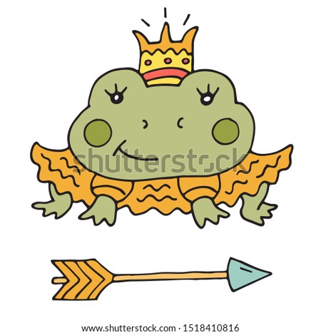 Fairy tale character frog. Cartoon character - funny frog Princess in a dress with a crown. Doodles, hand-drawn. Vector illustration