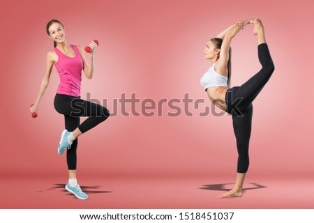 Sport backgrounds. Beautiful slim sporty young girl is preparing for joint training. The concept of sports lifestyle. Fitness concept.