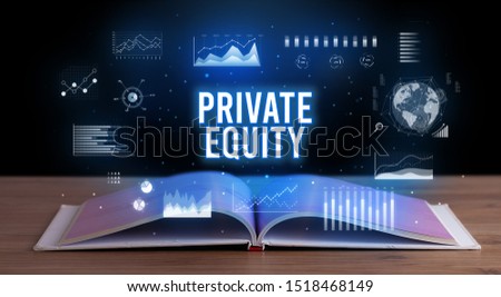 PRIVATE EQUITY inscription coming out from an open book, creative business concept Royalty-Free Stock Photo #1518468149