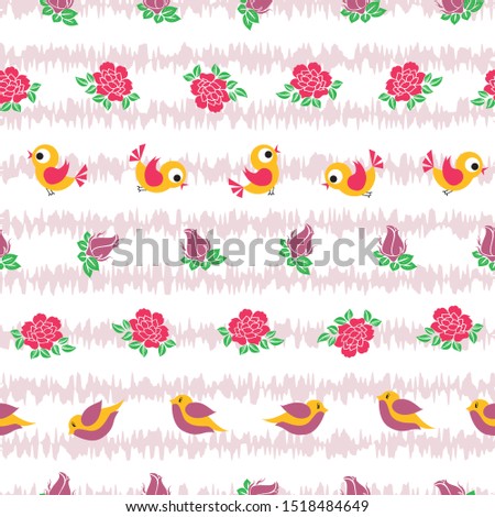 Vector birds and roses horizontal lines with texture seamless pattern background