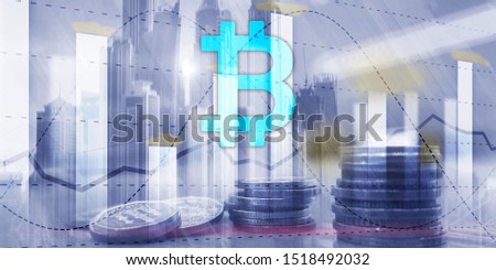 Crypto Icon on futuristic background. Bitcoin and diagram.Trading exchange stock market investment.