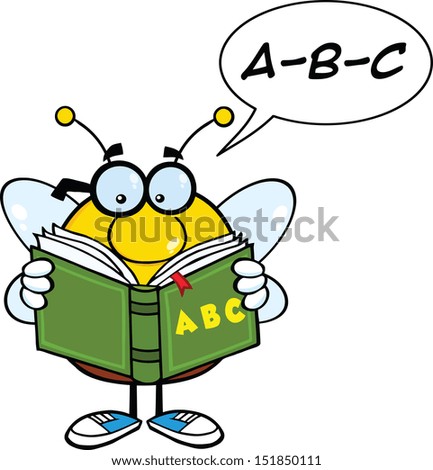 Pudgy Bee Cartoon Mascot Character Reading A ABC Book