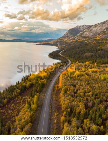 Aerial view of Little Atlin Lake located in Yukon Territory, Northern Canada. 