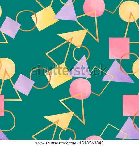 Abstract seamless pattern. Geometric shapes in pastel and gold colors on a green background. Universal colorful wallpaper. Element for design in retro style.