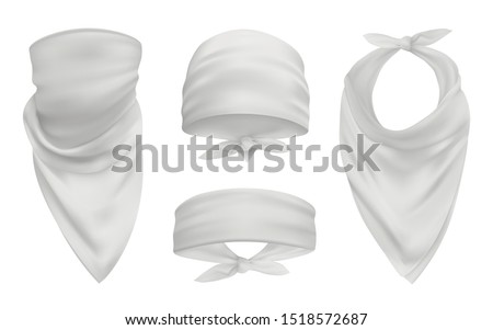 White head bandana realistic 3d accessory illustrations set. Biker and cowboy clothes for protecting face isolated pack. Fashionable silk headband, bandanna design elements collection Royalty-Free Stock Photo #1518572687