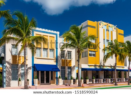 Sun-drenched hotels on Ocean Drive, in the Art Deco District, Miami Beach Royalty-Free Stock Photo #1518590024