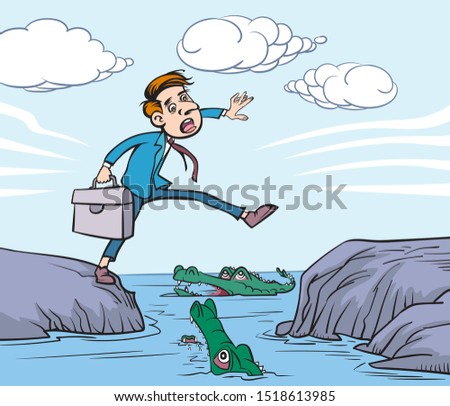 The young man jumped over the water with a crocodile to the other side.hand drawn style vector design illustrations.