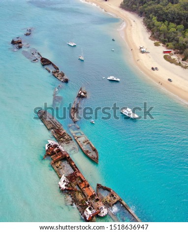 Aerial wrecks view in Moreton island Australia, taken with drone
