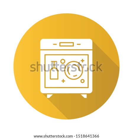 Dishwasher yellow flat design long shadow glyph icon. Modern kitchen device. Automatic dish washer. Electrical household appliances. Plates washing, steam processing. Vector silhouette illustration