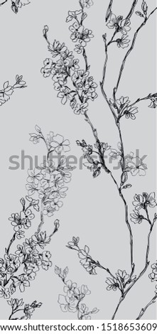 Pattern with cherry tree branch with small flowers on white background