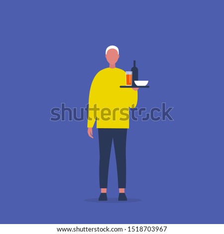 Young male waiter holding a tray with dishes. Restaurant service. Flat editable vector illustration, clip art
