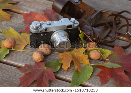 Still life autumn mood picture with vintage rangefinder camera, leather holster, leaves and nuts on wooden background