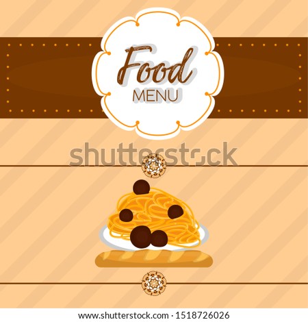 Food menu with a spaghetti and baguette - Vector