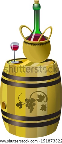 set of wooden oak barrel with grapes ornament, glass and red wine bottle in basket, color vector stock illustration isolated on white background in clipart style