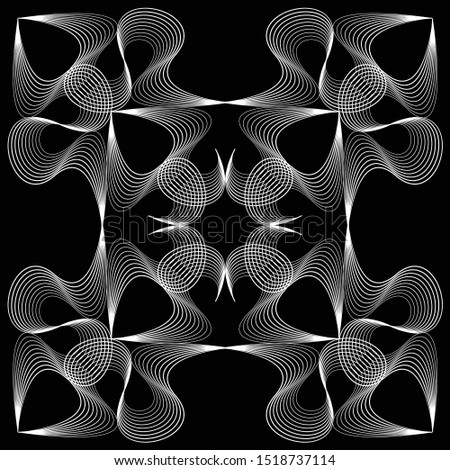 Abstract shape with lots of white blending lines composition on black background. Beautiful monochrome print for poster, postcard, cover,  card, tile, wallpaper. Modern drawing and illustration.