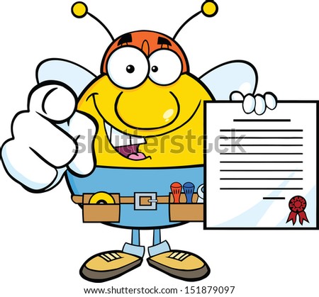 Pudgy Bee Worker Pointing With Finger And Holding A Contract. Raster Illustration