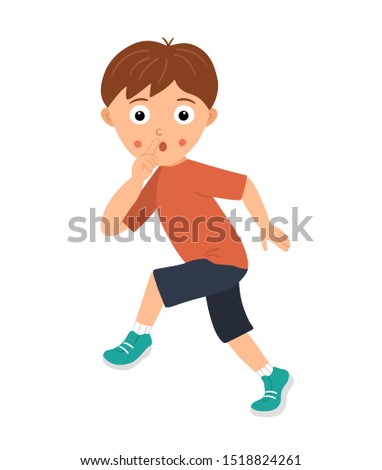 Vector illustration of a boy sneaking silently holding a finger at his mouth in sign of silence. Kid going cautiously asking not to reveal him or his secret. Flat funny character illustration