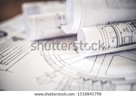 Engineering and technology of roll and flat technical drawing. Bunch of rolled up