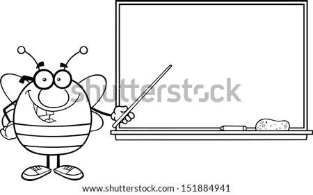Black And White Pudgy Bee With Glasses With A Pointer In Front Of Blackboard. Raster Illustration