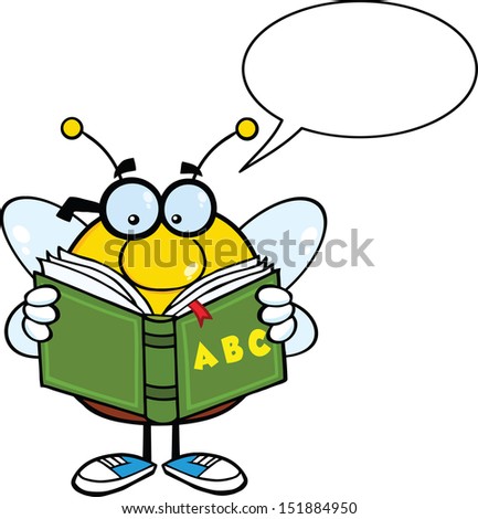 Pudgy Bee Cartoon Character With Glasses Reading A ABC Book. Raster Illustration