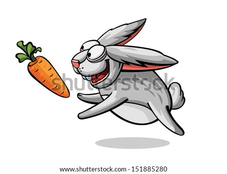 Cartoon happy rabbit with gray ripe orange carrots. Character