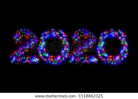 Arabic numerals 2020 from a multi-colored electric garland on a black isolated background. New year numbers. A wreath of colored light bulbs. Congratulations frame concept