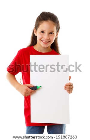 Smiling girl standing with empty vertical blank in hands, isolated on white