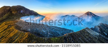 Aerial View of panorama Kawah Ijen - Early in the Morning. The Ijen volcano complex is a group of composite volcanoes in the Banyuwangi Regency of East Java, Indonesia.