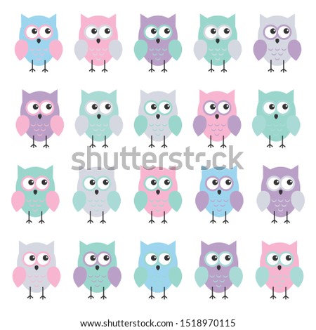 Large set of cute multicolored cartoon owls for children, different designs