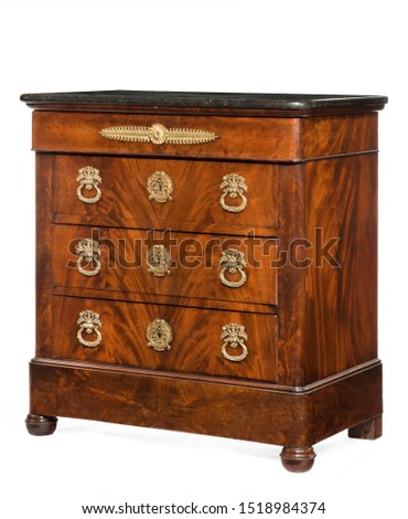 old vintage antique chest of drawers mahogany wood black marble top isolated on white