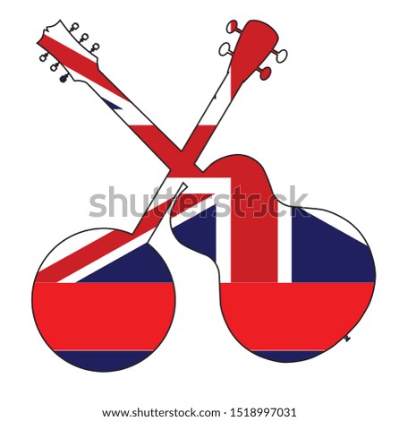 A typical four string banjo in silhouette with an acoustic guitar over the Hawaii state flag on a white background