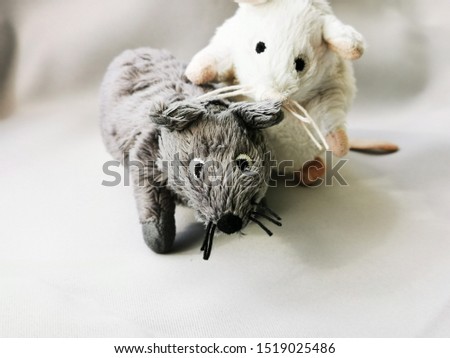 Two cute funny mouse, a symbol of the year 2020 on the astrological calendar. Photo of children's toys close-up
